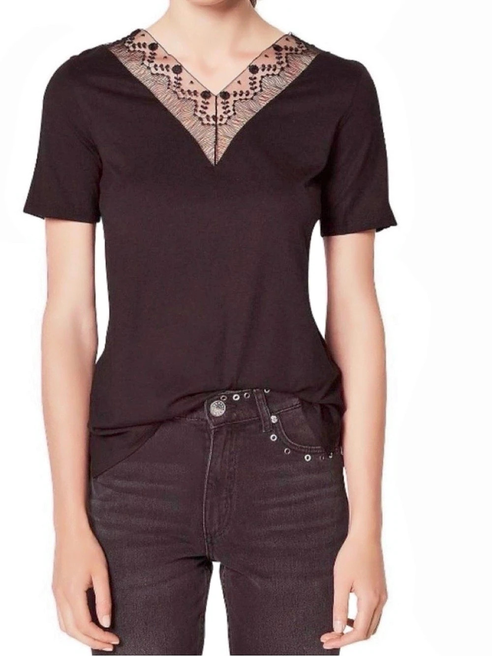 Sandro Lace V-Neck Top in Black Size Small